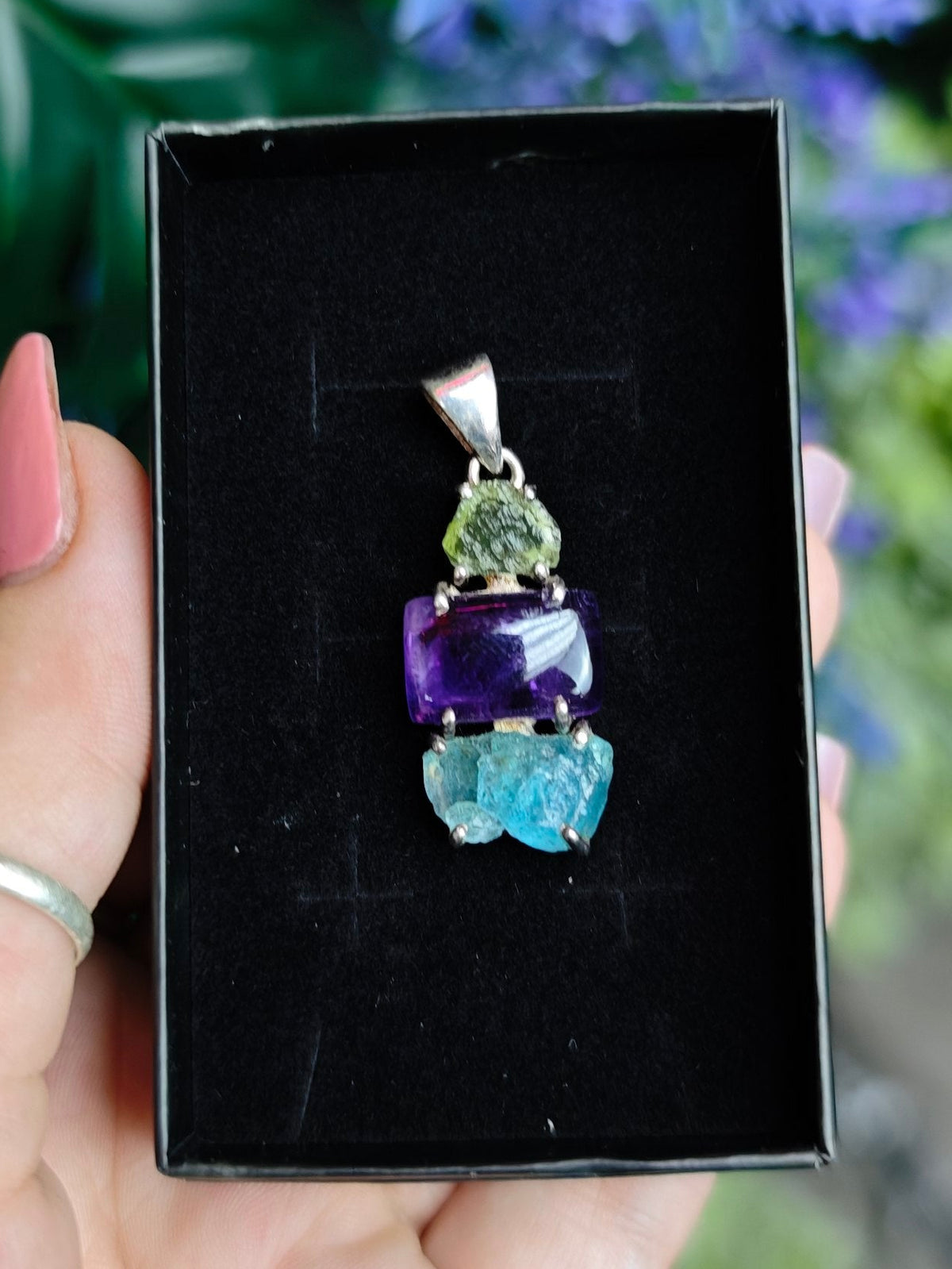 Moldavite, Amethyst, and Blue Apatite Sterling Silver Pendant