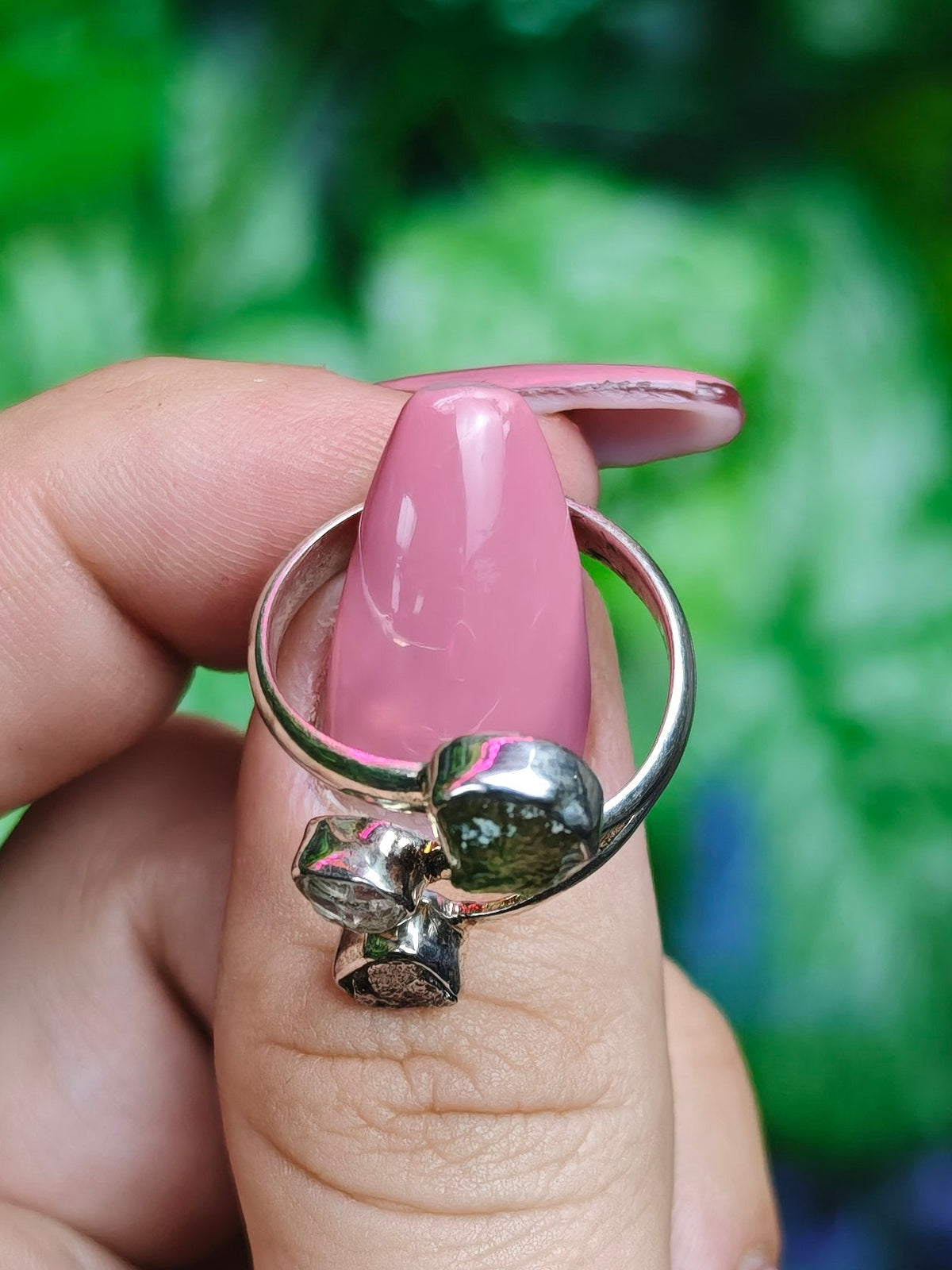 Moldavite, Herkimer Diamond, & Meteorite Adjustable Sterling Silver Ring