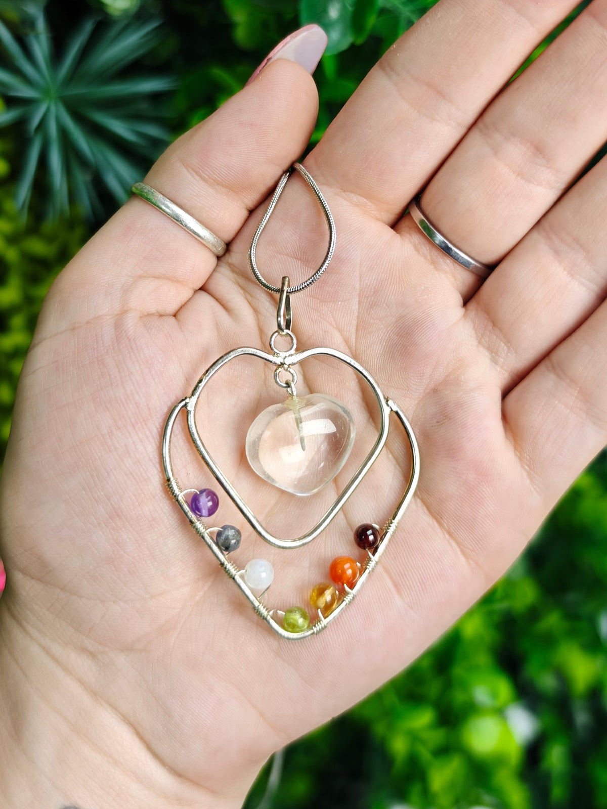 7 Chakra and Clear Quartz Heart Necklace