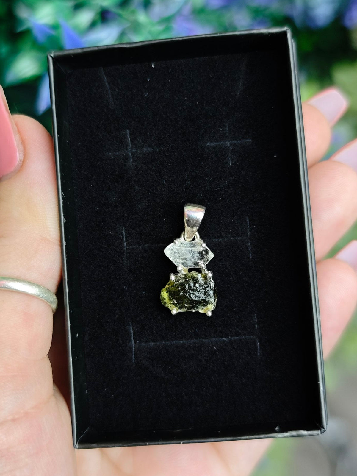 Moldavite and Herkimer Diamond Sterling Silver Pendant