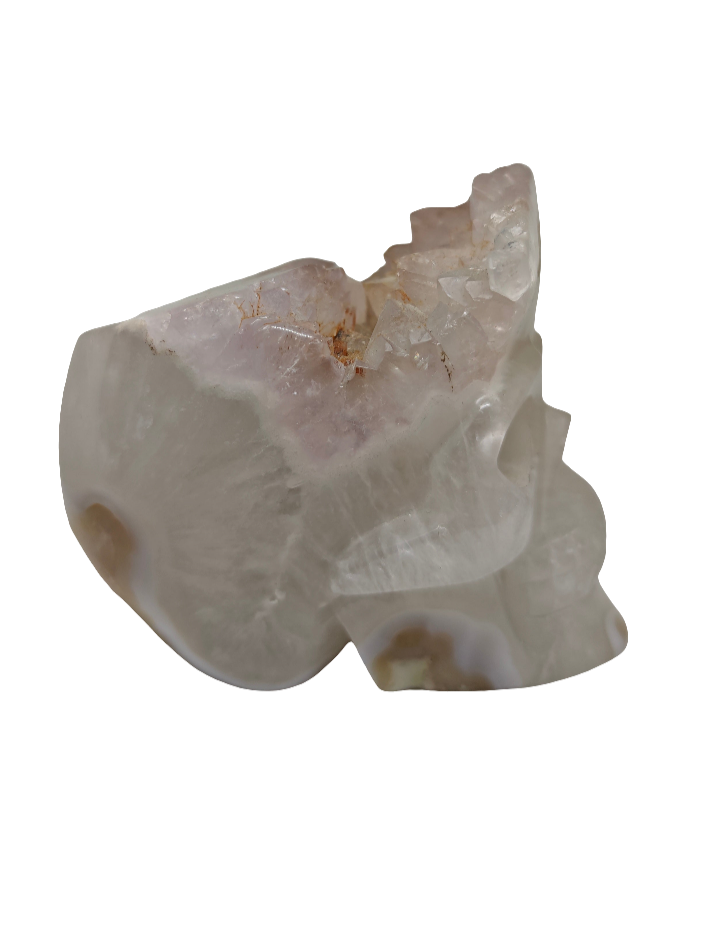 Clear & Rose Quartz with Flower Agate Skull 5"