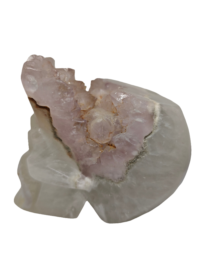 Clear & Rose Quartz with Flower Agate Skull 5"
