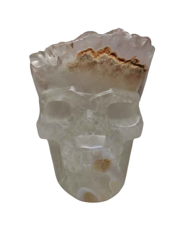 Clear & Rose Quartz with Flower Agate Skull 5"
