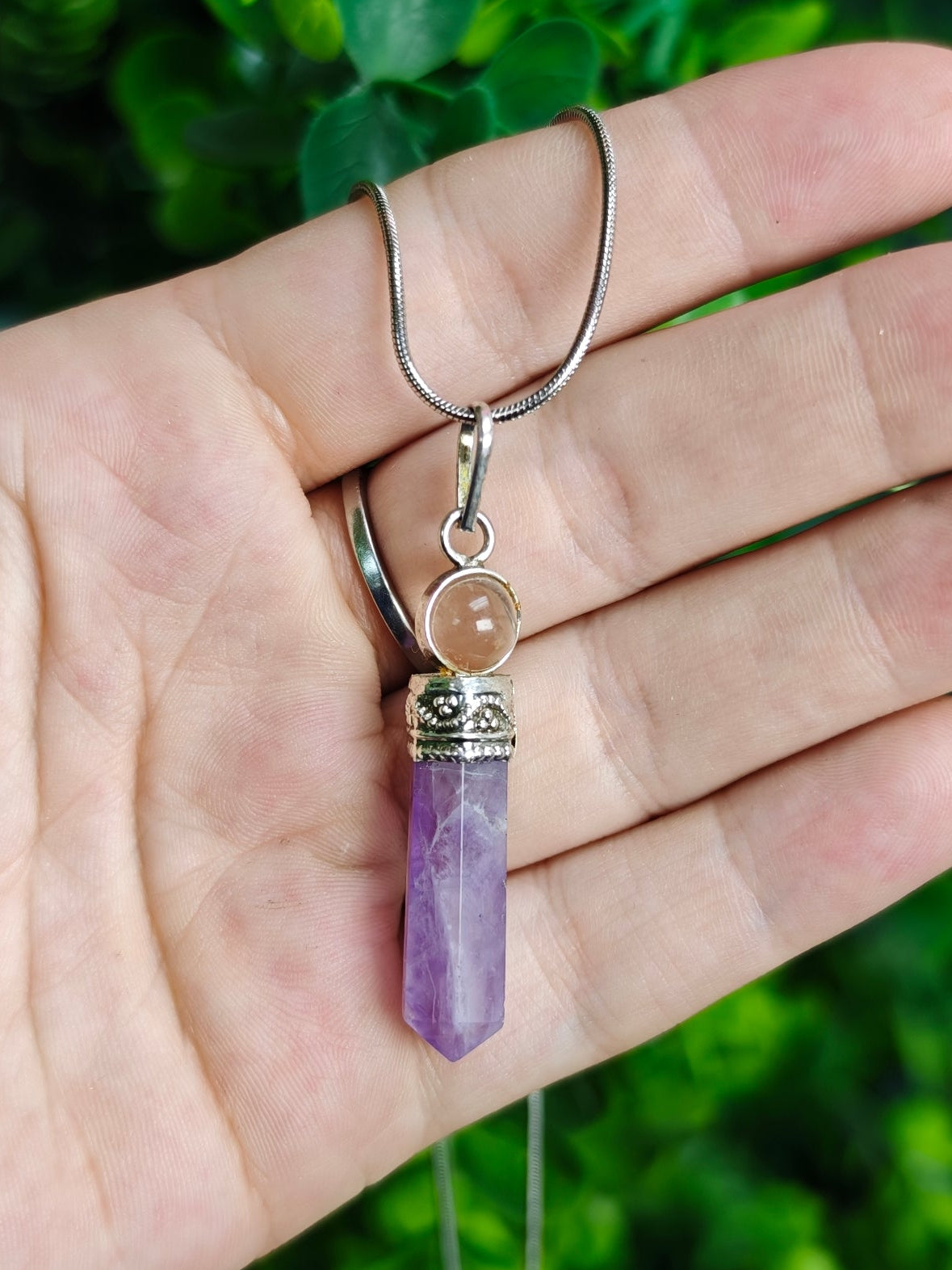 Amethyst and Clear Quartz Pendulum Necklace Duo