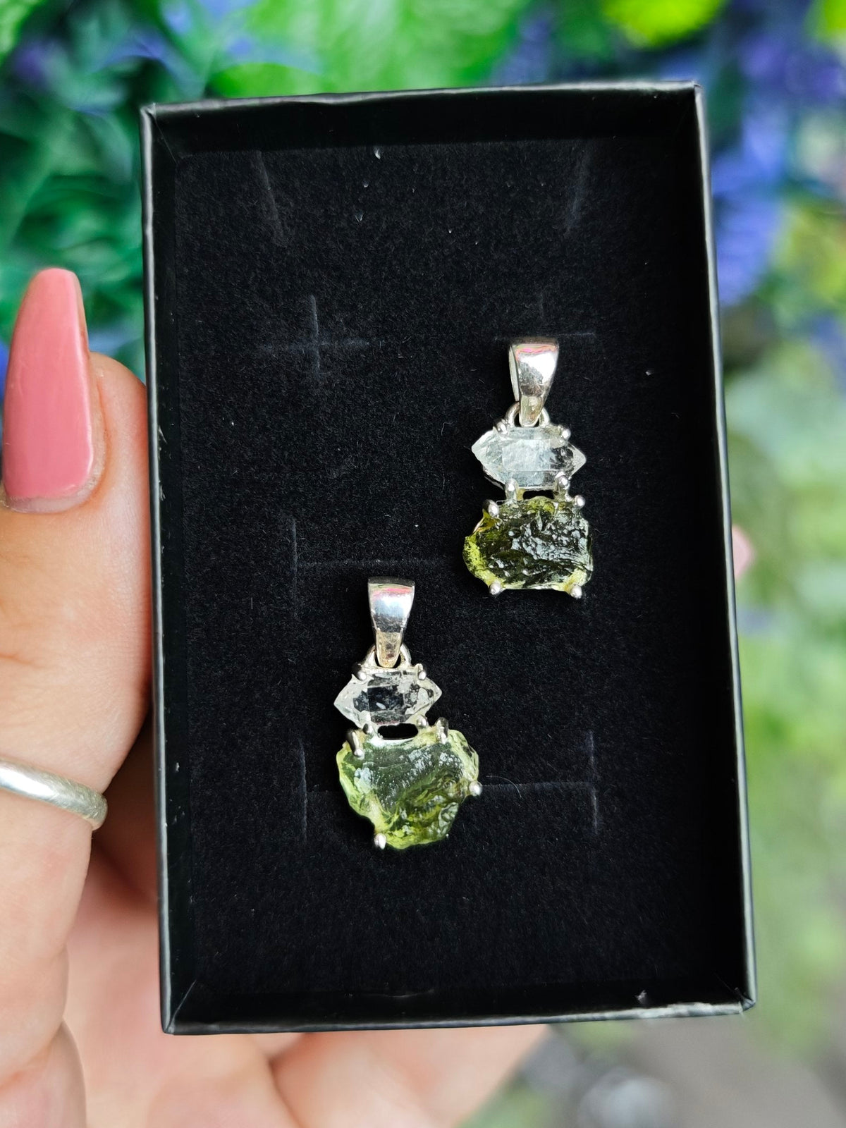 Moldavite and Herkimer Diamond Sterling Silver Pendant