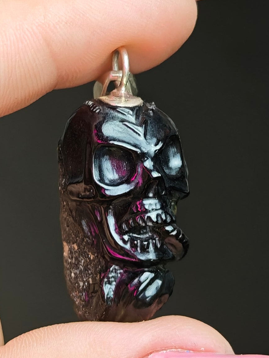 Moldavite Skull & Snake Pendant
