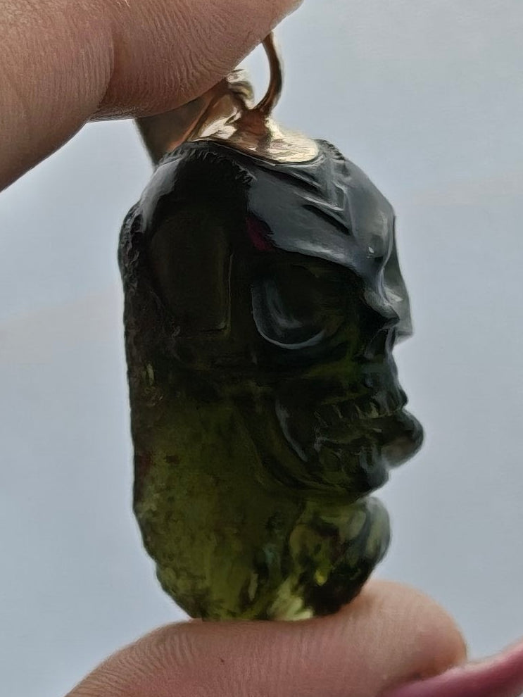 Moldavite Skull & Snake Pendant
