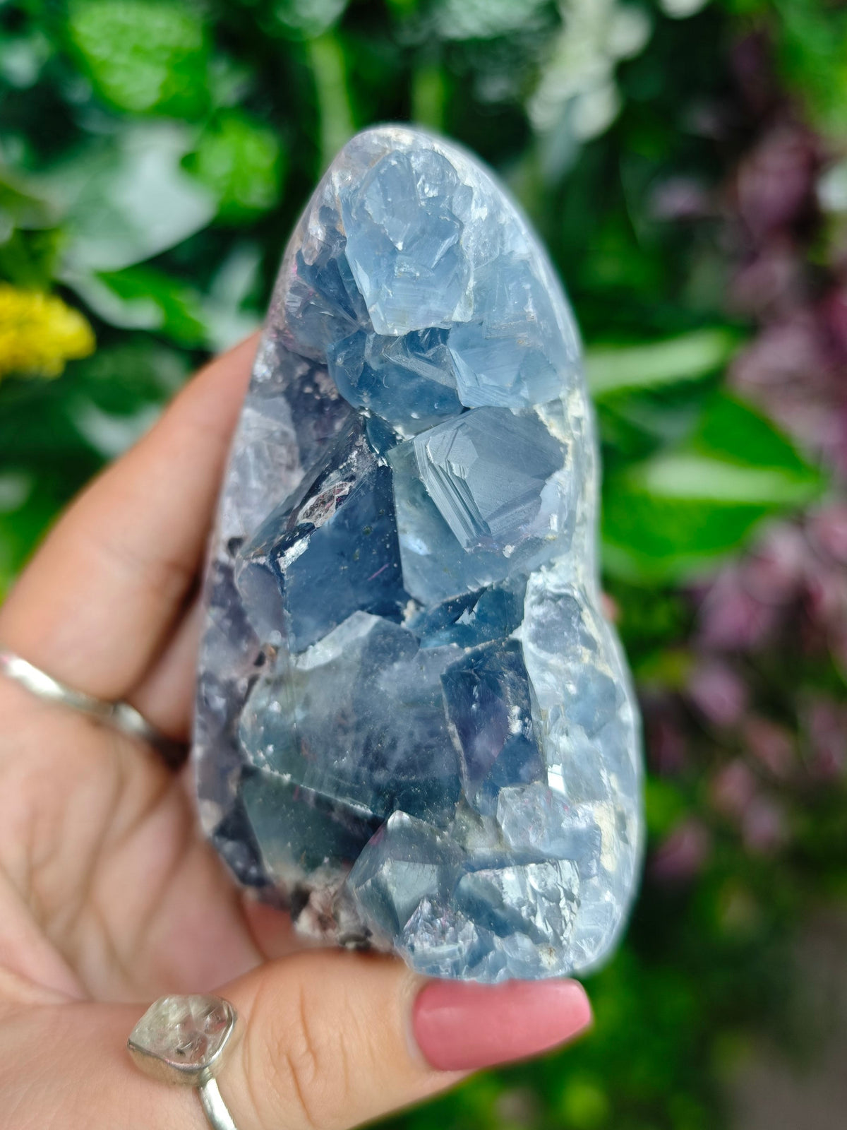 Blue Celestite Raw and Polished Cave