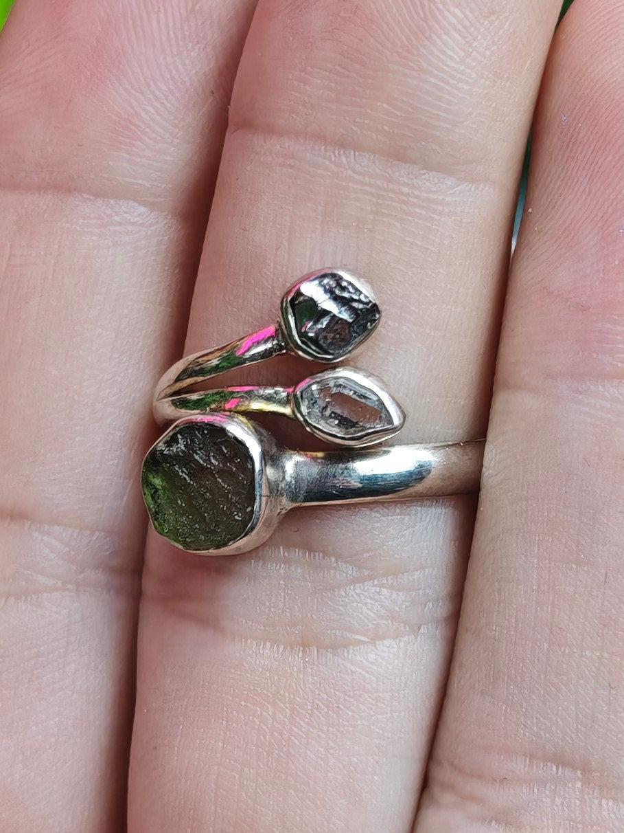 Moldavite, Herkimer Diamond, & Meteorite Ring Adjustable Sterling Silver