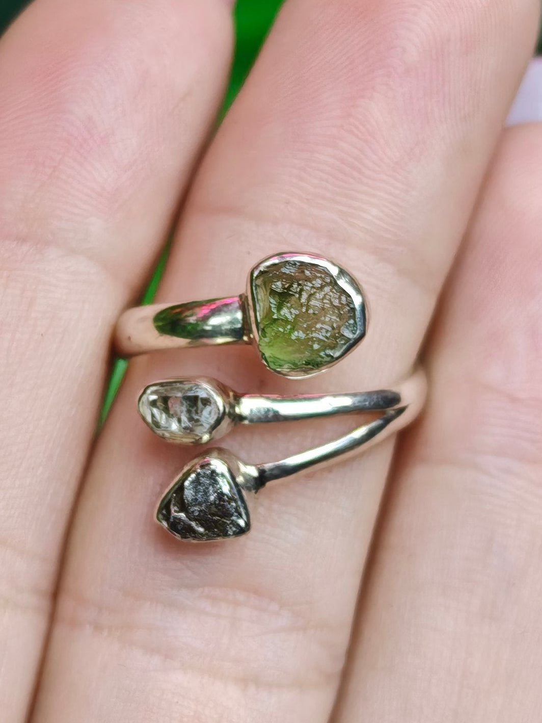 Moldavite, Herkimer Diamond, & Meteorite Adjustable Sterling Silver Ring