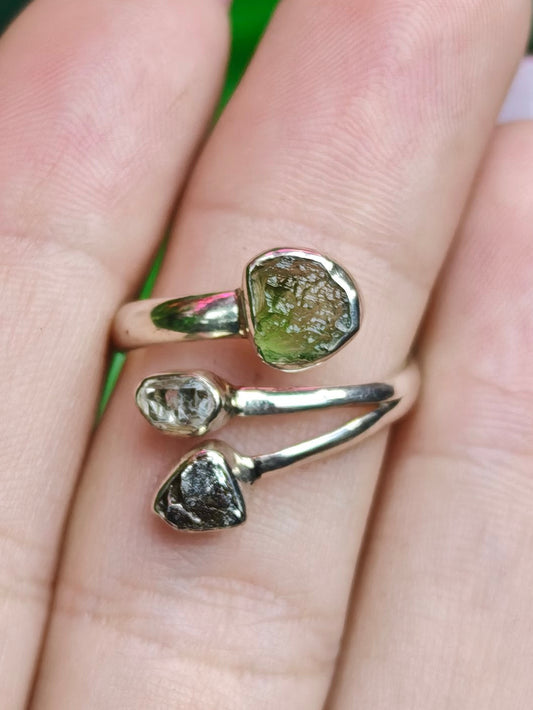 Moldavite, Herkimer Diamond, & Meteorite Adjustable Sterling Silver Ring