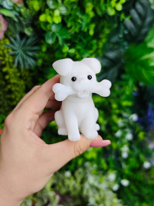 White Jade Dog With Bone Carving