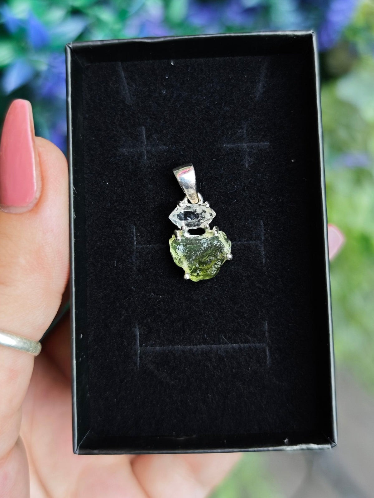 Moldavite and Herkimer Diamond Sterling Silver Pendant