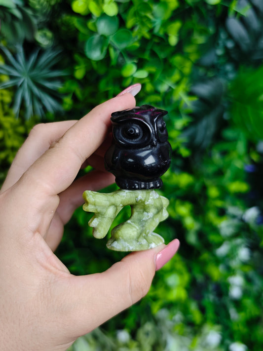 Obsidian Owl on Green Jade Branch Carving