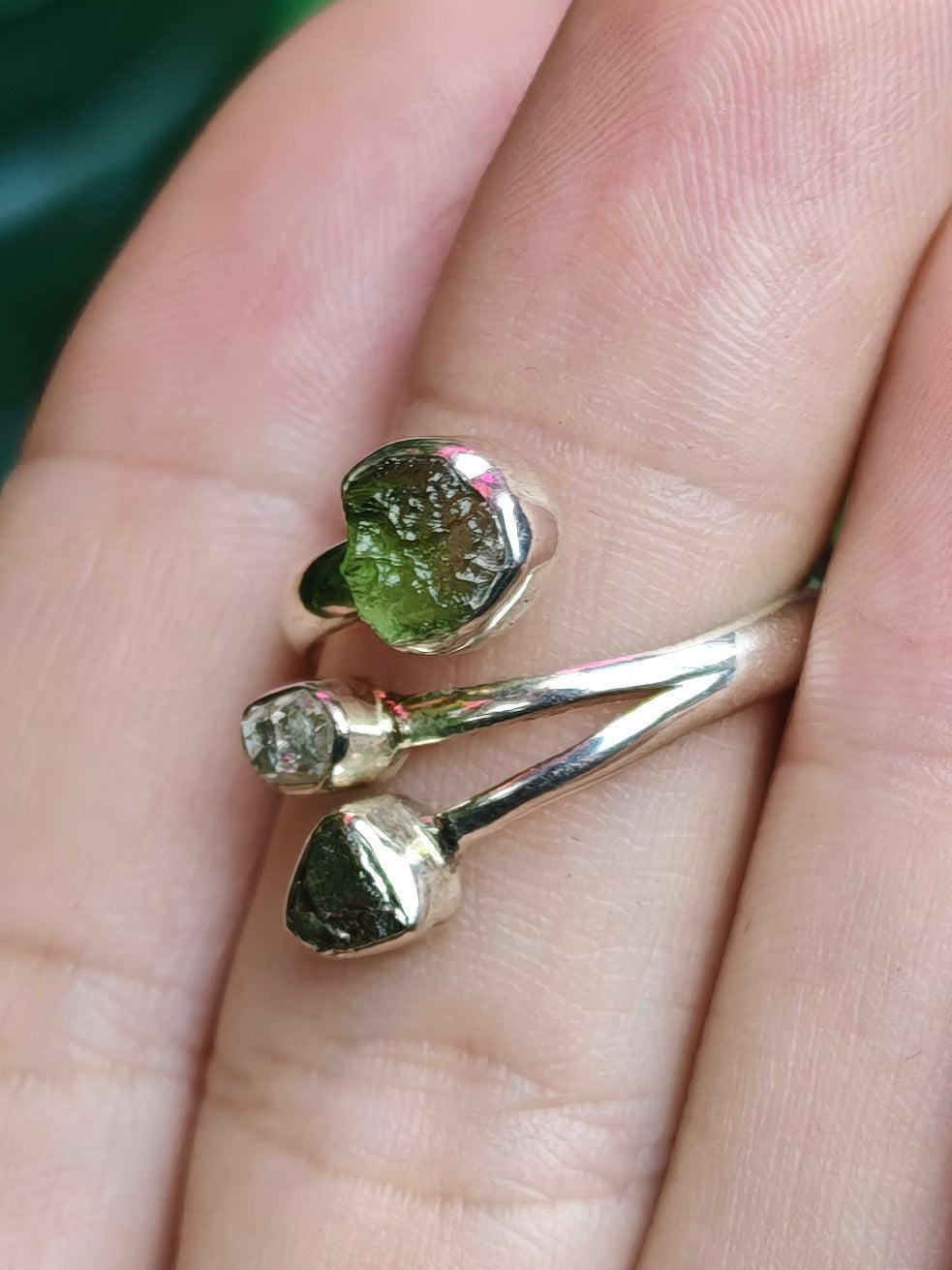 Moldavite, Herkimer Diamond, & Meteorite Adjustable Sterling Silver Ring