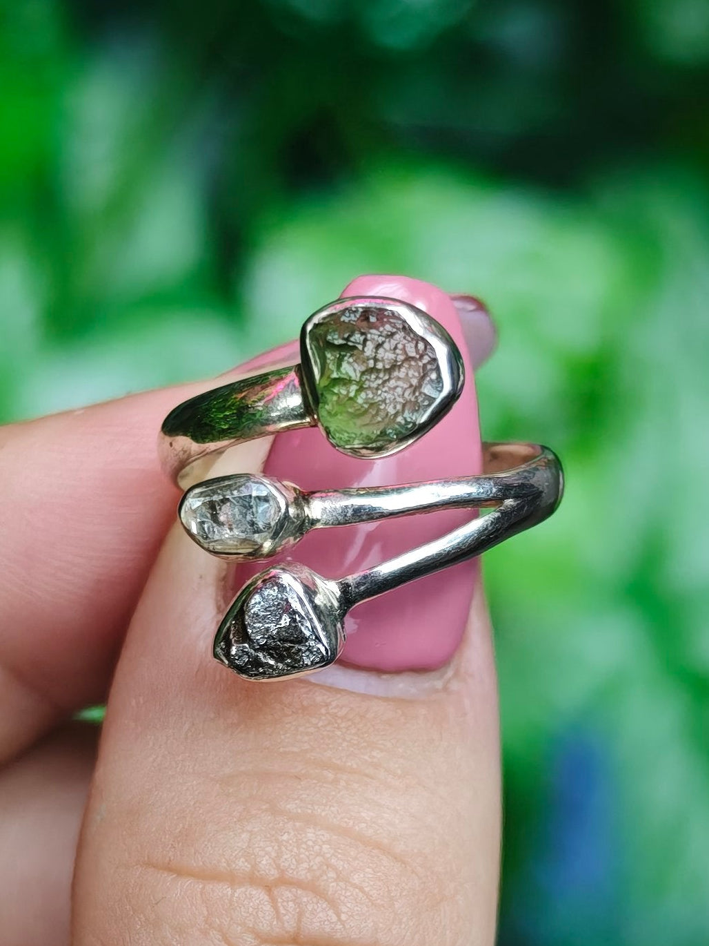 Moldavite, Herkimer Diamond, & Meteorite Adjustable Sterling Silver Ring