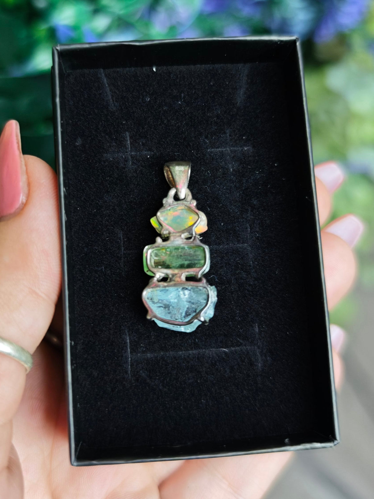 Ethiopian Opal, Prehnite, and Aquamarine Sterling Silver Pendant