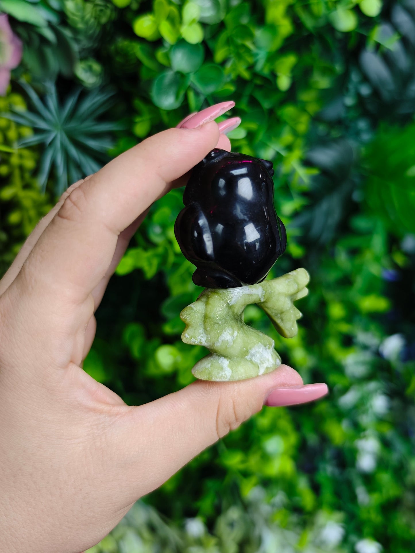 Obsidian Owl on Green Jade Branch Carving