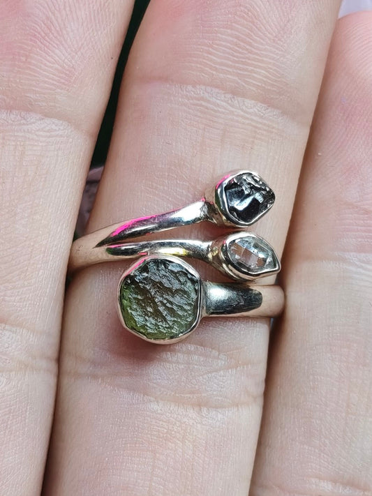 Moldavite, Herkimer Diamond, & Meteorite Ring Adjustable Sterling Silver