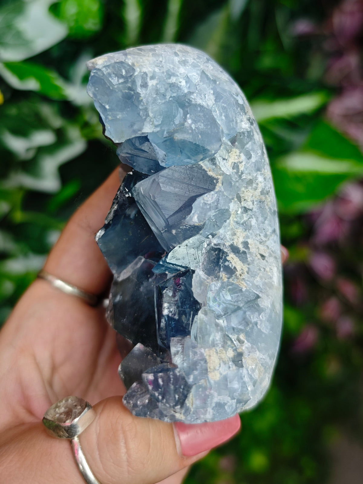 Blue Celestite Raw and Polished Cave