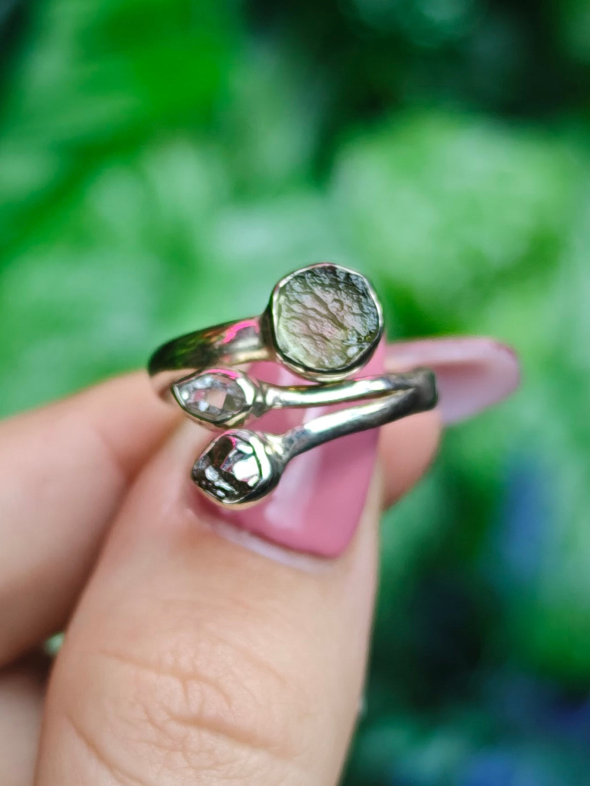Moldavite, Herkimer Diamond, & Meteorite Ring Adjustable Sterling Silver