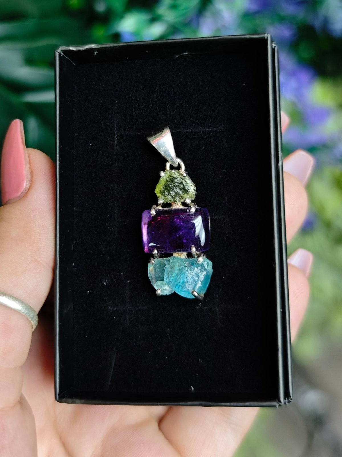 Moldavite, Amethyst, and Blue Apatite Sterling Silver Pendant