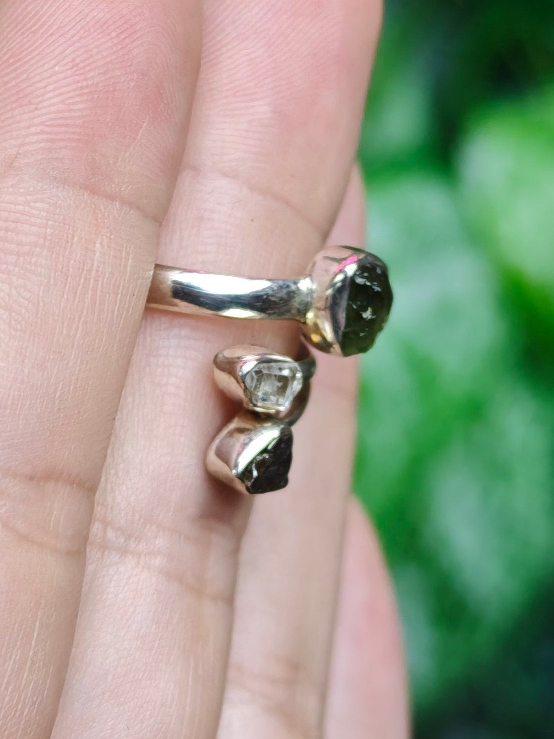 Moldavite, Herkimer Diamond, & Meteorite Adjustable Sterling Silver Ring