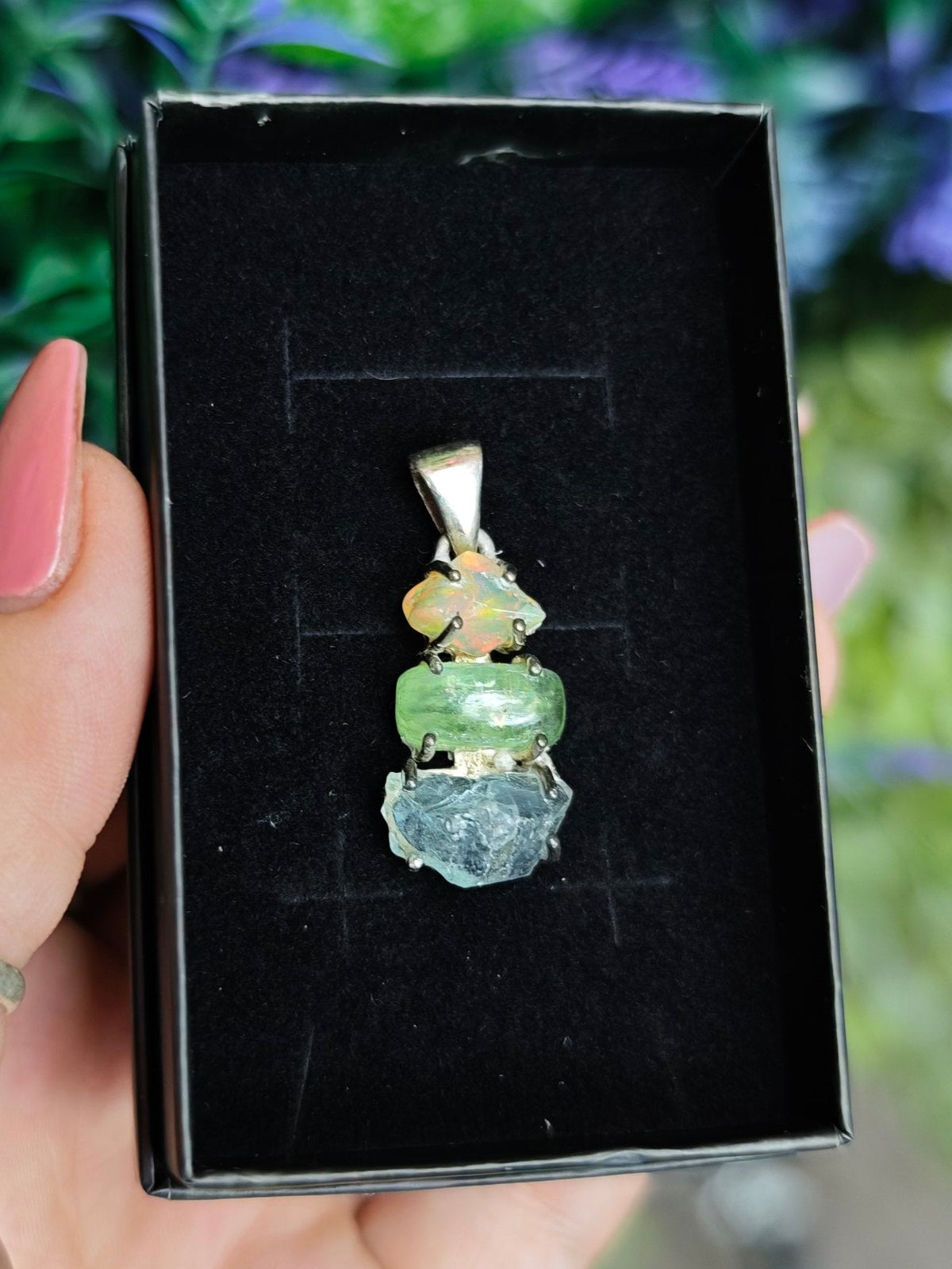 Ethiopian Opal, Prehnite, and Aquamarine Sterling Silver Pendant