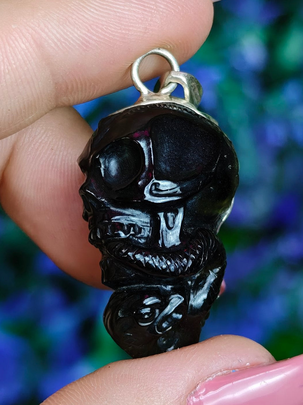 Moldavite Skull & Snake Pendant