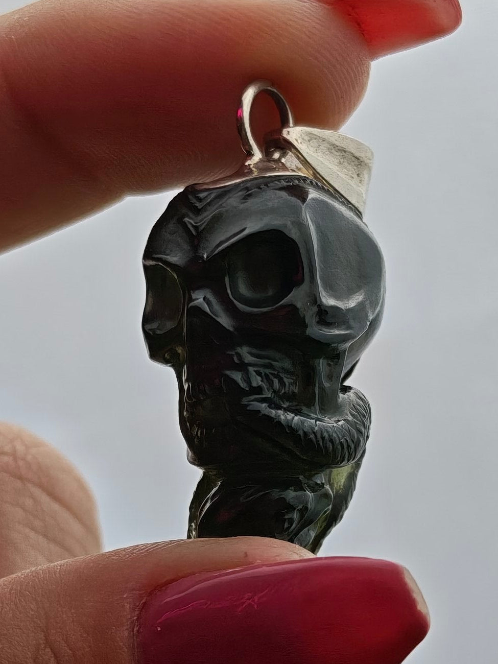 Moldavite Skull & Snake Pendant