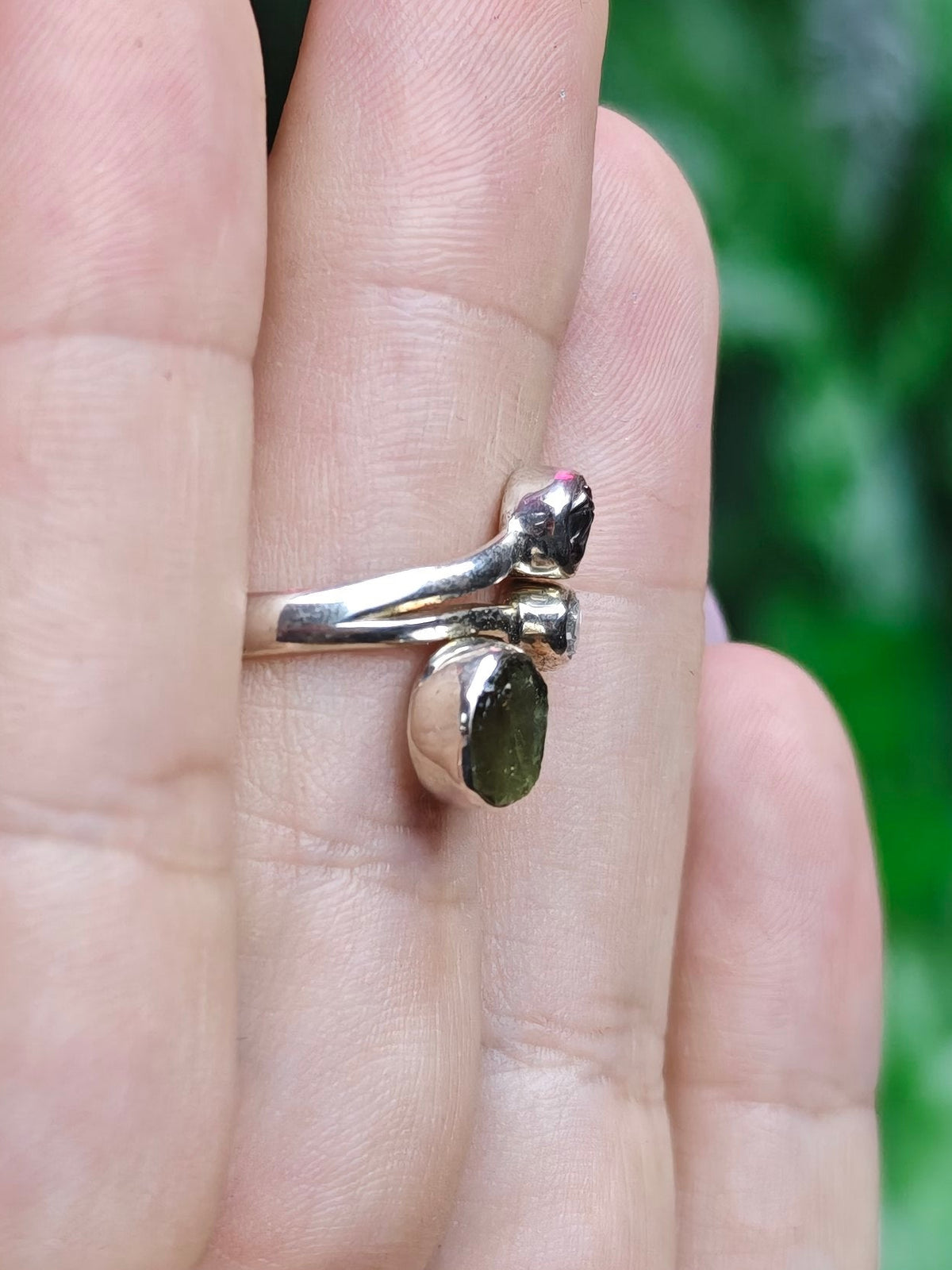 Moldavite, Herkimer Diamond, & Meteorite Ring Adjustable Sterling Silver