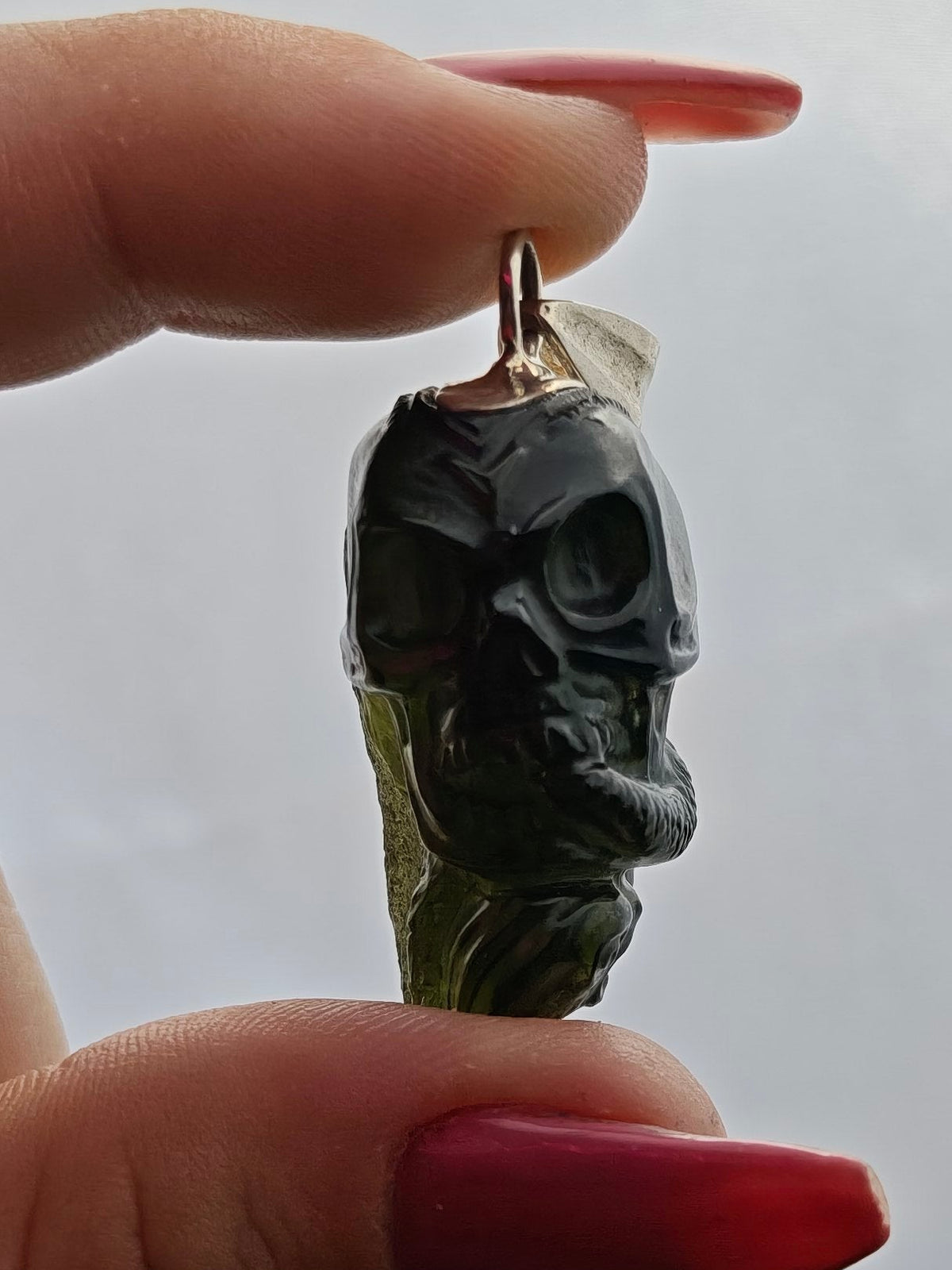 Moldavite Skull & Snake Pendant