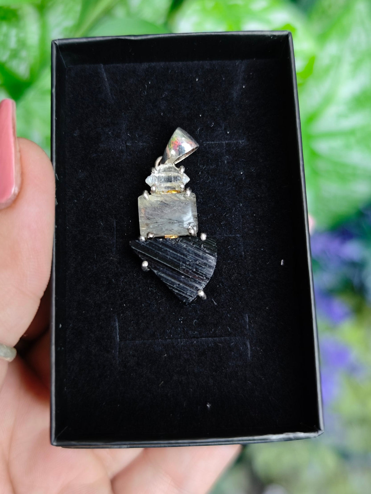 Herkimer Diamond, Rutile Quartz, & Black Tourmaline Sterling Silver Pendant
