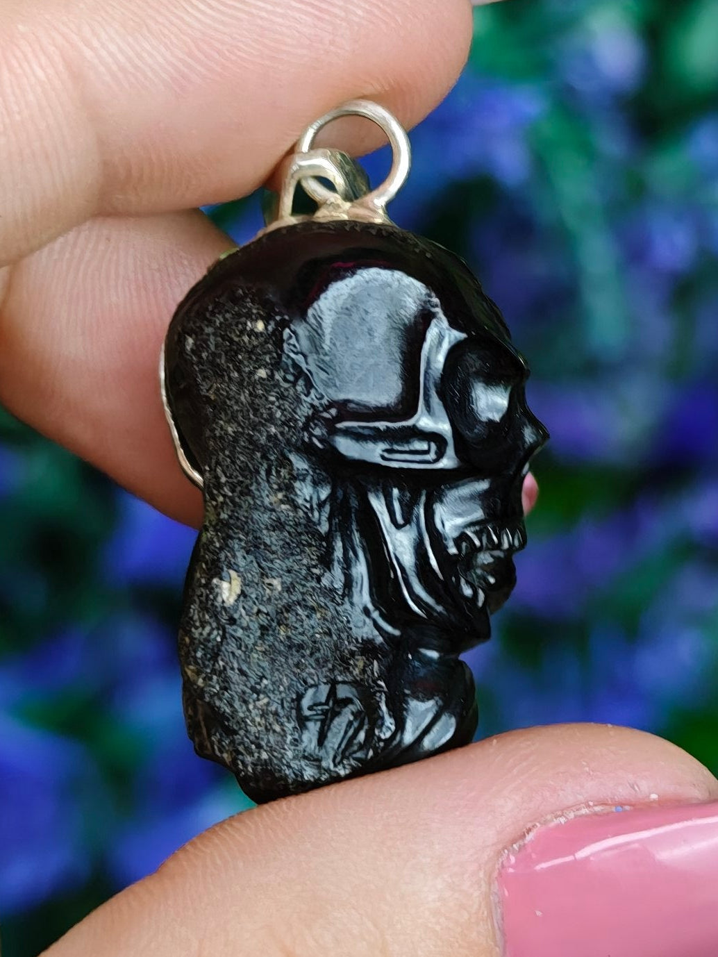 Moldavite Skull & Snake Pendant