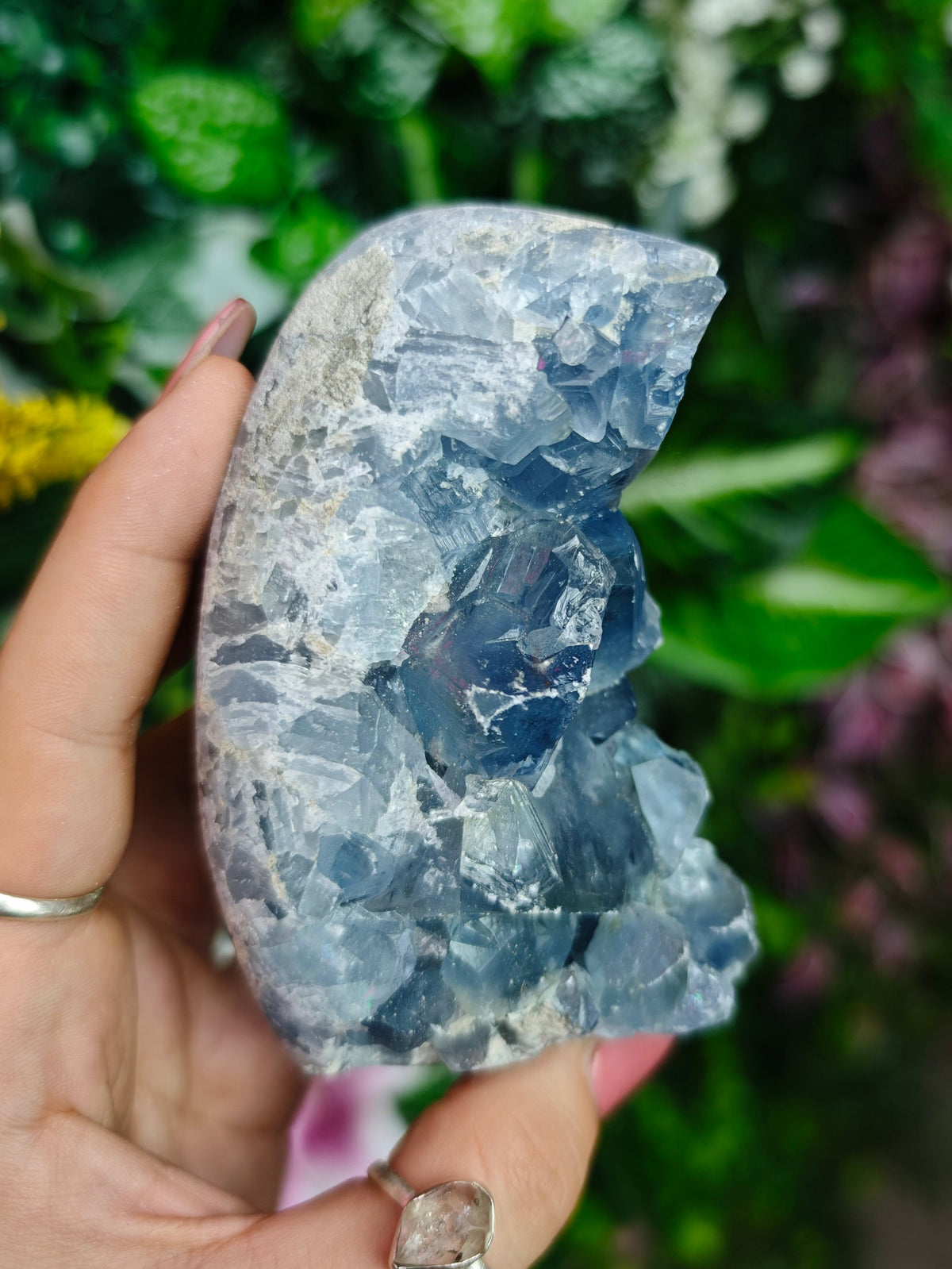 Blue Celestite Raw and Polished Cave