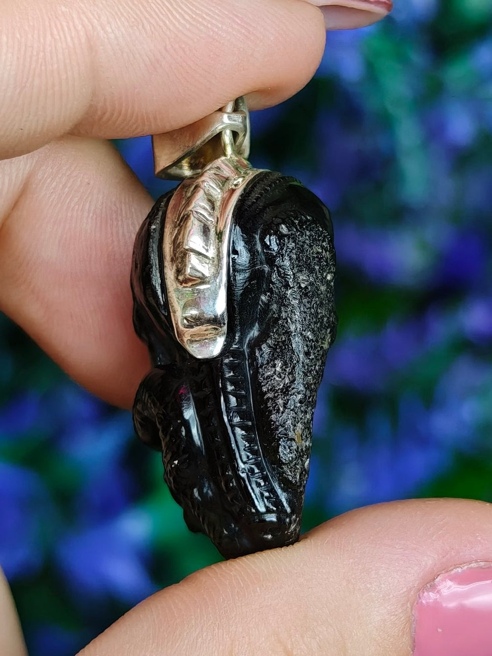 Moldavite Skull & Snake Pendant