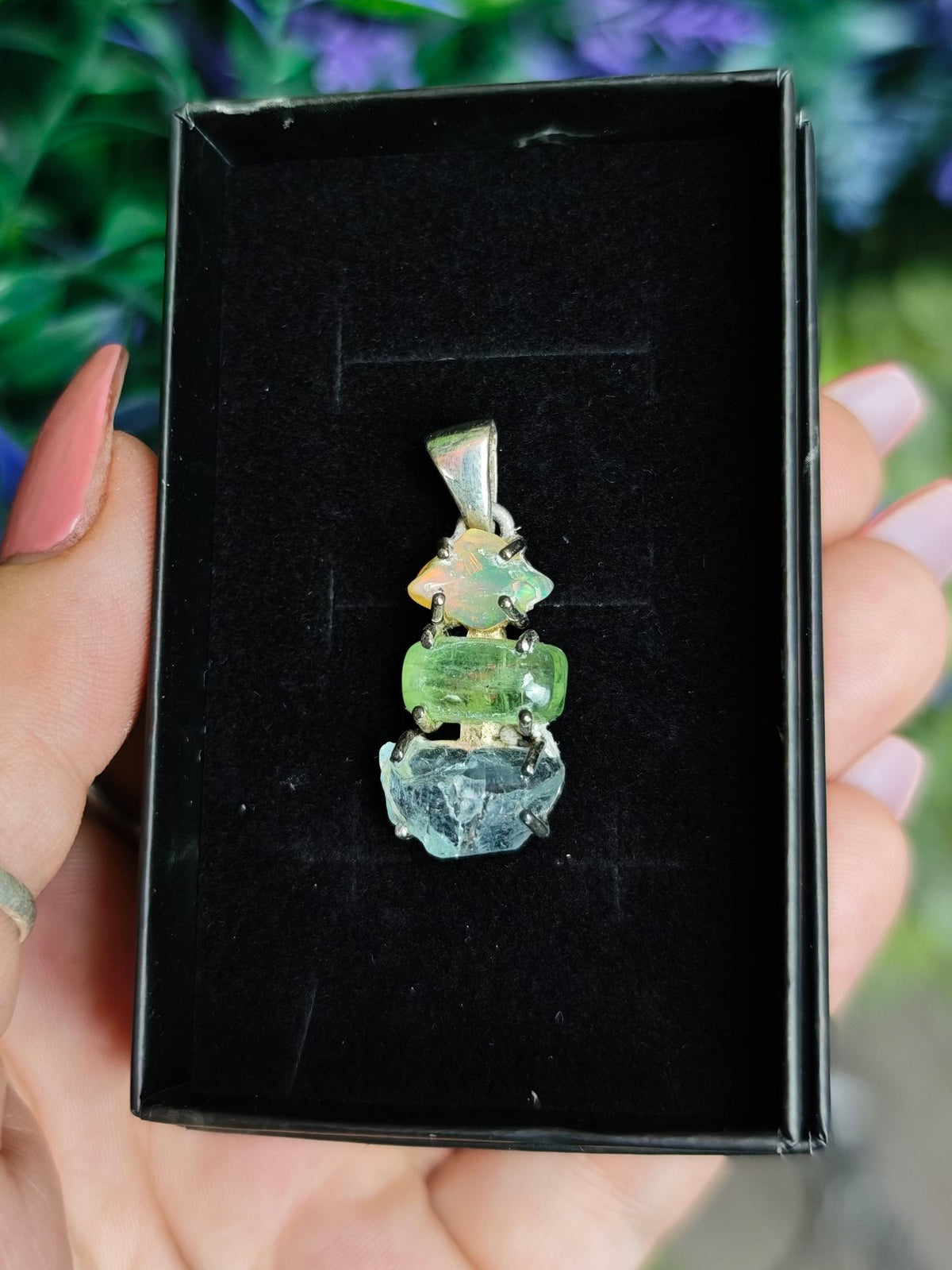 Ethiopian Opal, Prehnite, and Aquamarine Sterling Silver Pendant