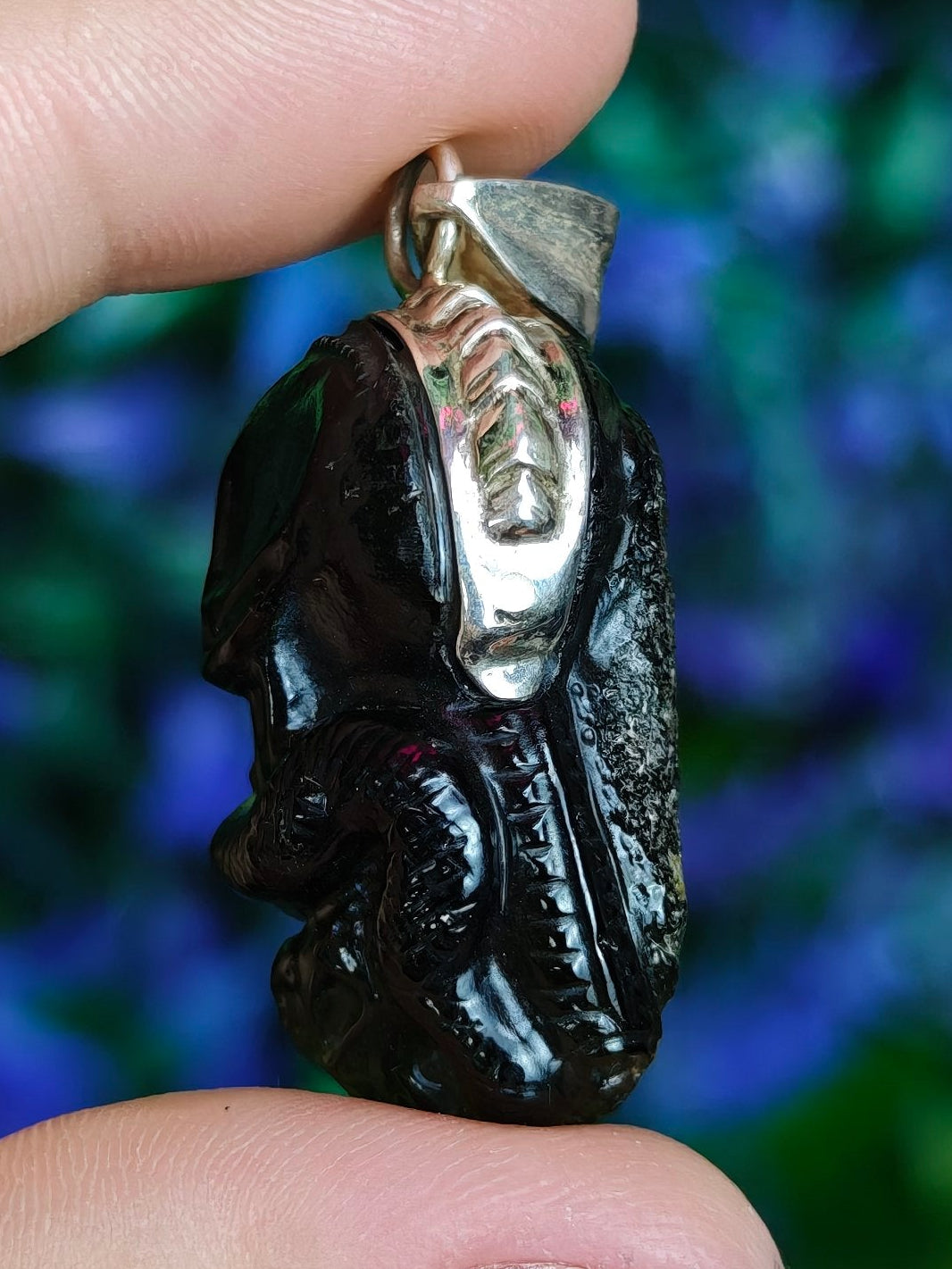 Moldavite Skull & Snake Pendant