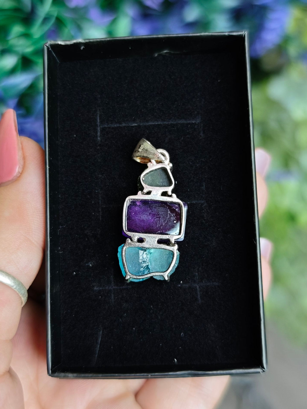 Moldavite, Amethyst, and Blue Apatite Sterling Silver Pendant