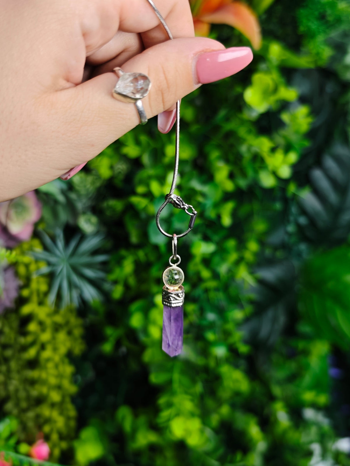 Amethyst and Clear Quartz Pendulum Necklace Duo