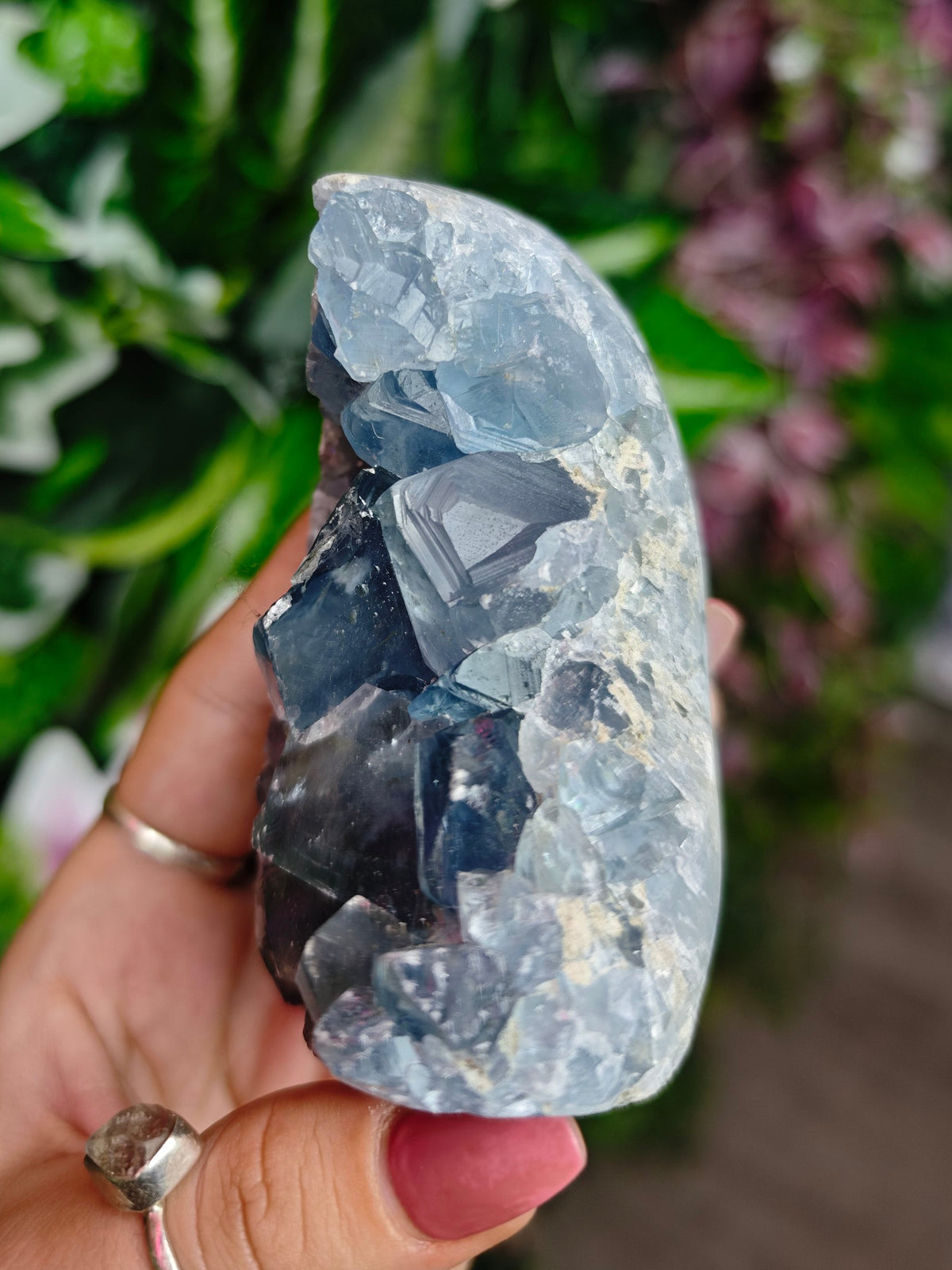 Blue Celestite Raw and Polished Cave